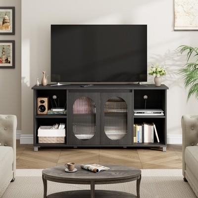 Modern TV Stand for 65 Inch, Black Entertainment Center with Storage Shelves & Glass Doors – Wooden Media Console Cabinet for Living Room