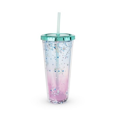 Blush Mermaid Tumbler with Screw On Lid, Silicone Seal, and Reusable Straw, Slim Clear Plastic Leak-Proof Travel Iced Coffee Cup, 24 Oz, Set of 1