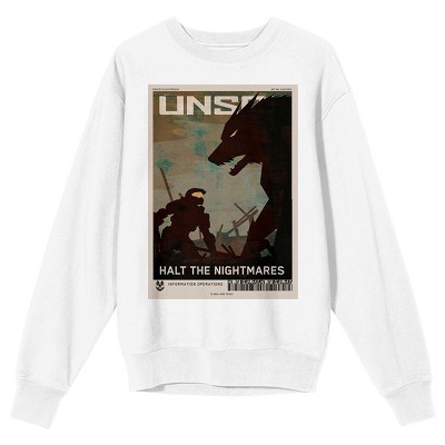 Halo Halt The Nightmares Crew Neck Long Sleeve Adult White Sweatshirt