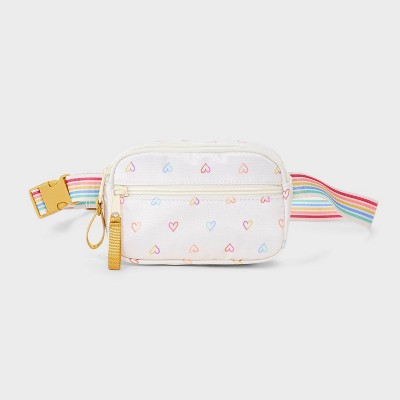 Girls' Heart Print Fanny Crossbody Bag - Cat & Jack™️ White: Adjustable Strap, Lightweight Miniature Design, Woven Polyester