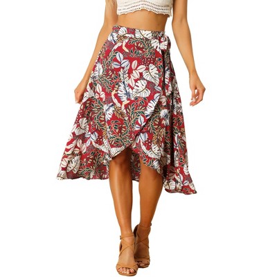 Allegra K Women's Tie Waist Hawaiian Tropical Floral Wrap Midi Skirt