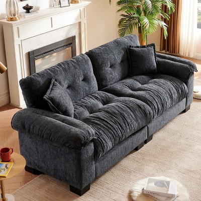 91.5"Chenille Deep Seat Sofa Couch with 2 Throw Pillows-Morden Fort