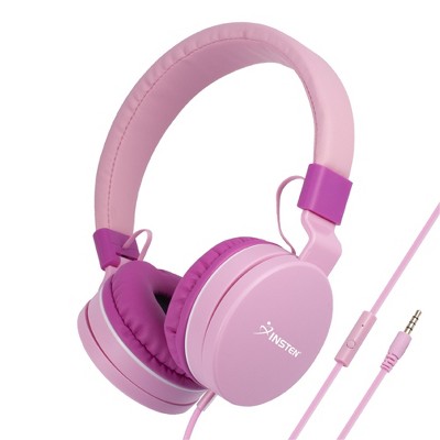 Insten Kids Headphones with Microphone, Wired Headset 3.5mm Adjustable Foldable with Volume Limiter for Toddler & School, Pink