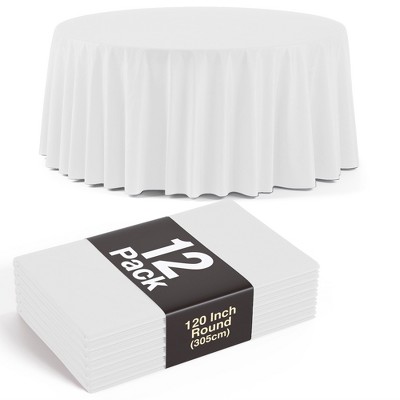 Crown Display White Round Disposable Tablecloth for Parties- 120 Inch White Plastic Table Cloth - Floor Length Tablecloth for 6 foot Table - 12 Pack