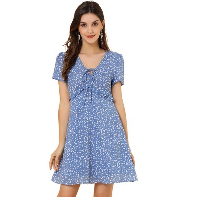 Allegra K Women's Regular Fit Floral Ruffle Trim Tie V Neck Shorts Sleeves Mini Dress