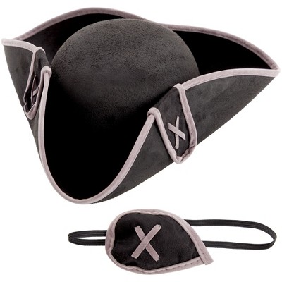 Blue Panda Black Tricorn Pirate Hat with Eye Patch for Adult Cosplay Party Halloween Costume