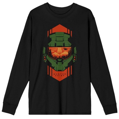 Halo Infinite Master Chief Head Armor Crew Neck Long Sleeve Men's Black Tee