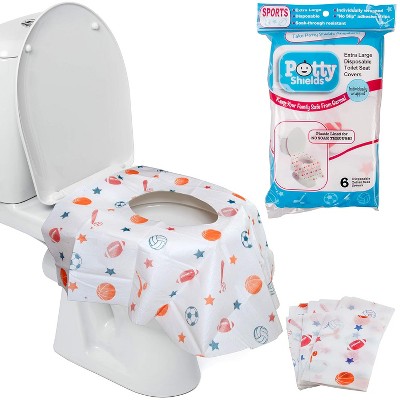 Potty Shields Disposable Toilet Seat Covers for All Ages 6 Pack - Protect From Public Toilets - XL, Waterproof,  Individually Wrapped - Blue/Sports