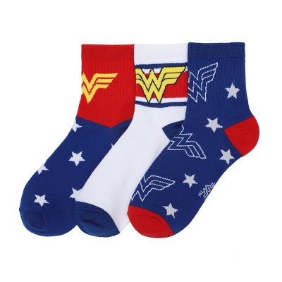 Wonder Woman Logo Red, White and Blue Athletic 3-Pack Quarter Crew Ankle Socks