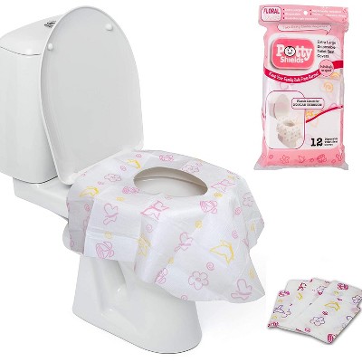 Potty Shields Toilet Seat Covers Disposable (12 Pack, Floral)- XL Waterproof Toilet Cover for Toddlers, Kids & Adults- Portable & Individually Wrapped