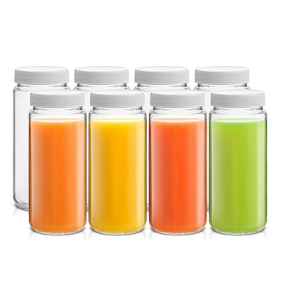 JoyJolt Reusable Glass Juice Bottles with Lids - 16oz Juice Containers with Lids & Stickers- Set of 8