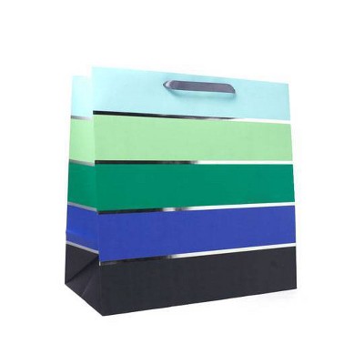 Square Simple Striped Gift Bag with Foil Green/Blue/Black - Spritz™: Large Birthday & Father's Day Bag, 15"x15"x8"