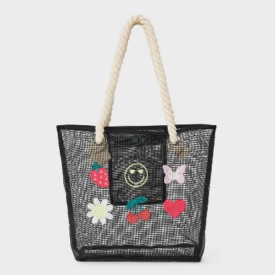 Girls' Mesh with Icons Swim Tote - art class™ Black: Softside Handbag, Double Handle, Fruit & Animal Patterns