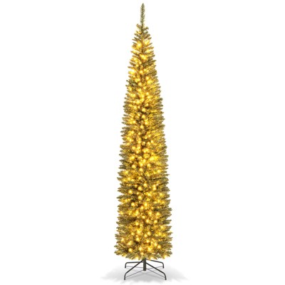 Tangkula 9FT Artificial Christmas Tree Pre-lit Pencil Xmas Tree with 699 Branch Tips 400 Warm White LED Lights
