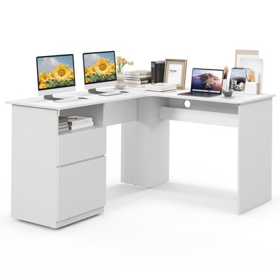 Costway L Shaped Computer Desk 59'' Corner Study Writing Desk with Open Compartment & 2 Cable Management Holes Walnut/White